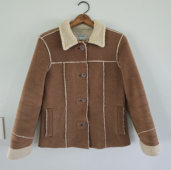 Old Navy Y2K Coat Tan Faux Suede Sherpa Shearling Lined Outdoor Jacket  M Vtg - Picture 1 of 13